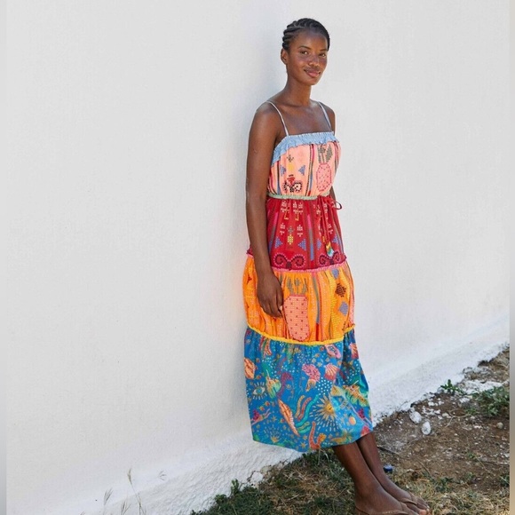 NWT Farm Rio tiered dress. Color blocking embroidered midi dress. Color: multi - Picture 2 of 11